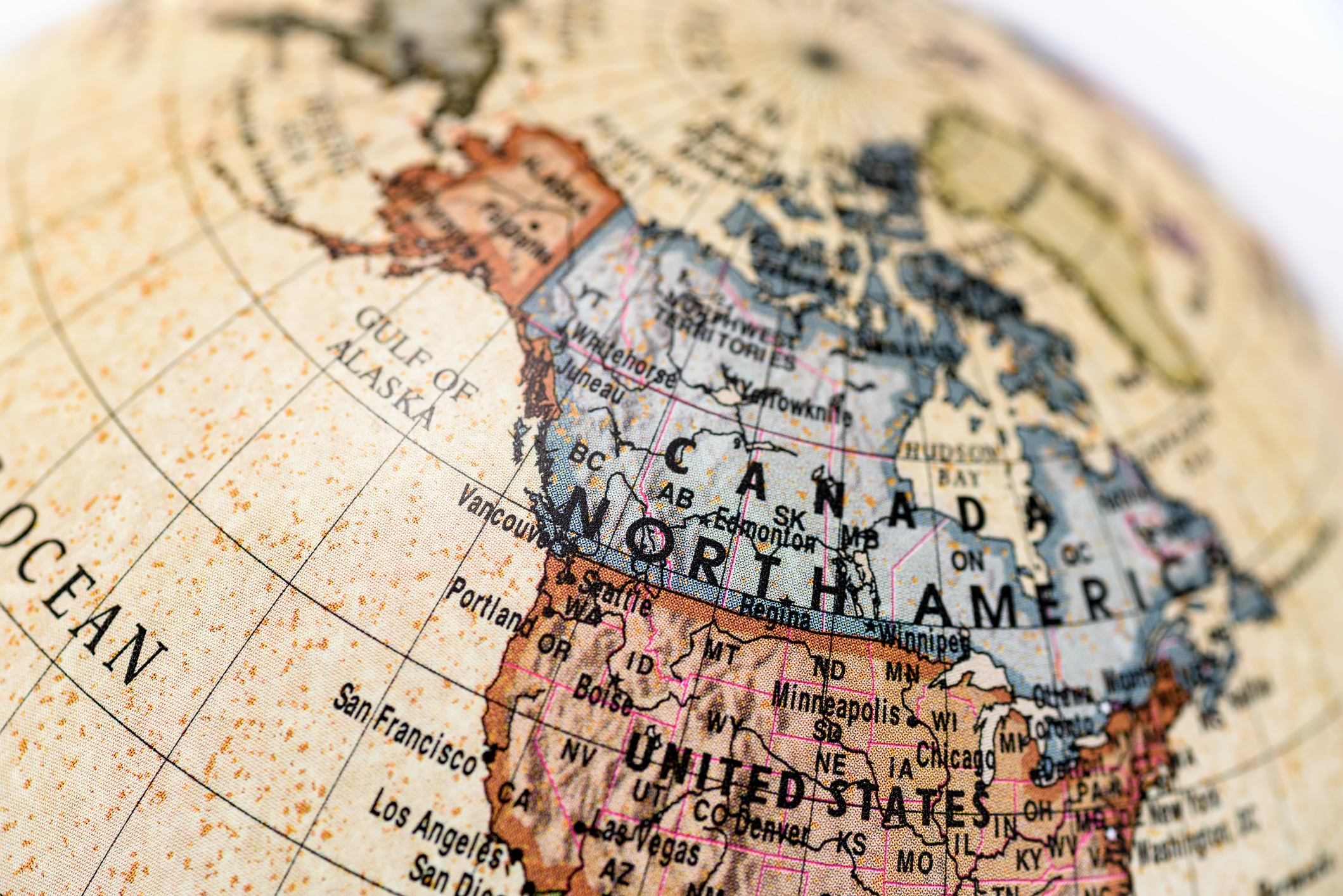 Close-up of Canada in the colorful world map.